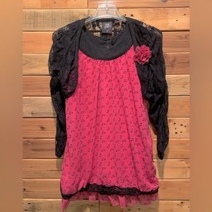 3 piece set lace jacket, black stretch pants with pink accents and babydoll top